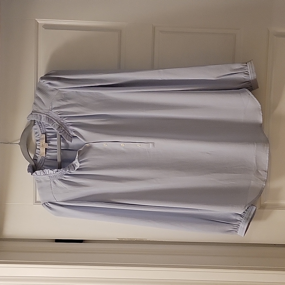 Sweet Light Blue Long-Sleeve Blouse with Ruffle Detail at Neckline, Size Medium